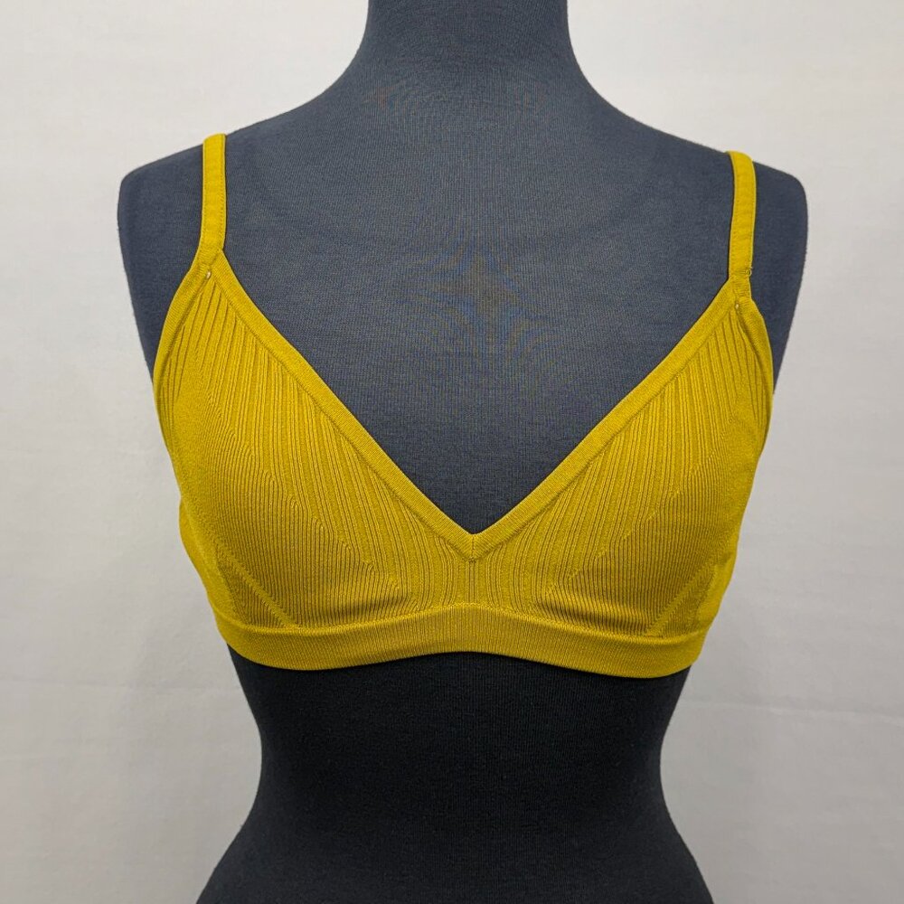 COS‎ Women's Ribbed Knit Bralette S Mustard Yellow V Neck Adjustable Straps Crop
